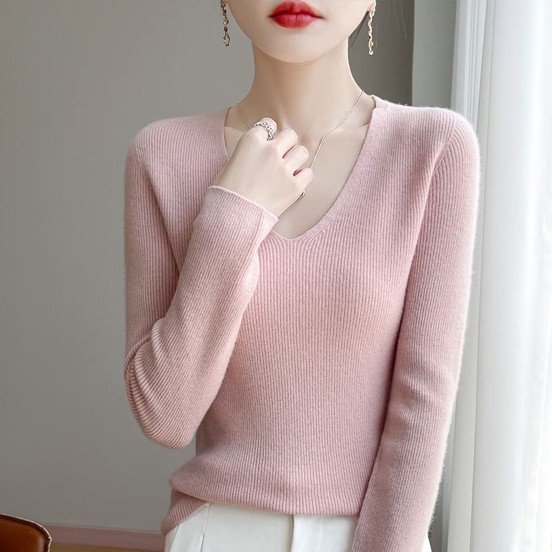 Long-Sleeve V-Neck Plain Ribbed Sweater