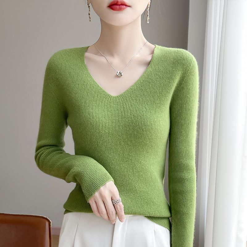 Long-Sleeve V-Neck Plain Ribbed Sweater