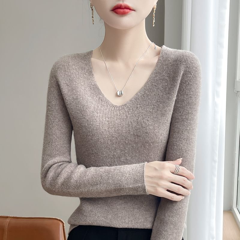 Long-Sleeve V-Neck Plain Ribbed Sweater