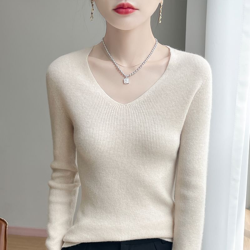 Long-Sleeve V-Neck Plain Ribbed Sweater