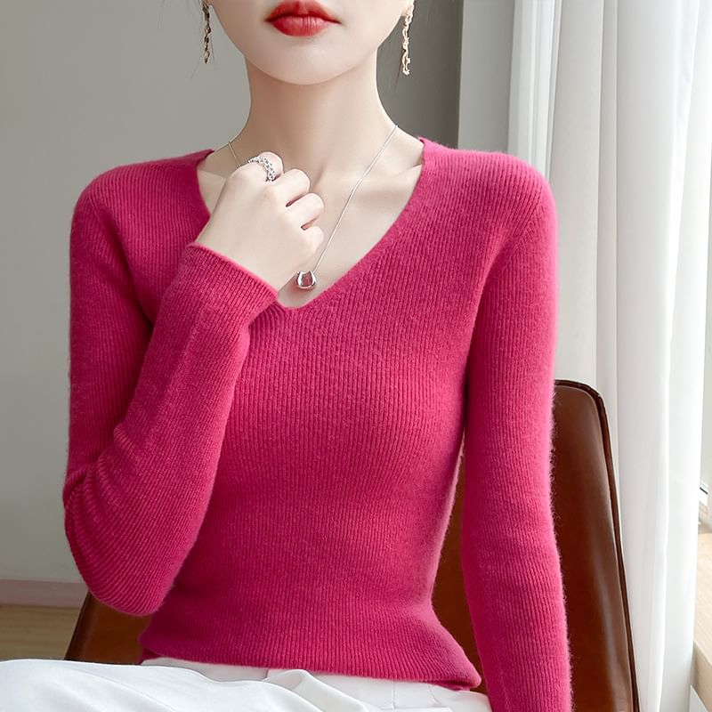 Long-Sleeve V-Neck Plain Ribbed Sweater