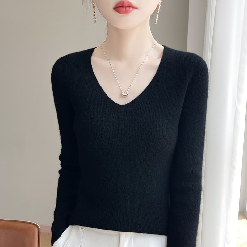 Long-Sleeve V-Neck Plain Ribbed Sweater