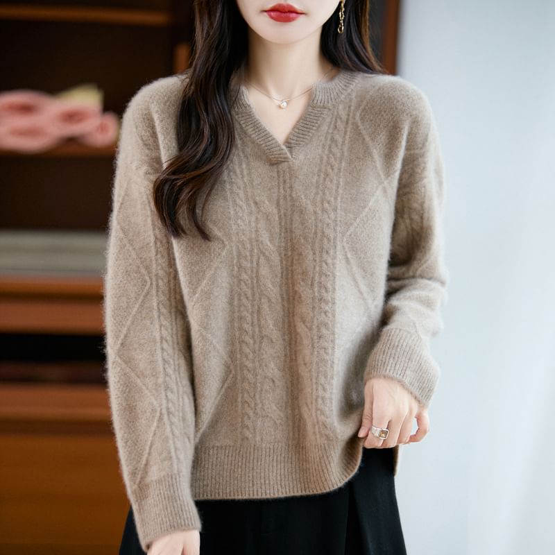 Long-Sleeve V-Neck Plain Cable Knit Sweater