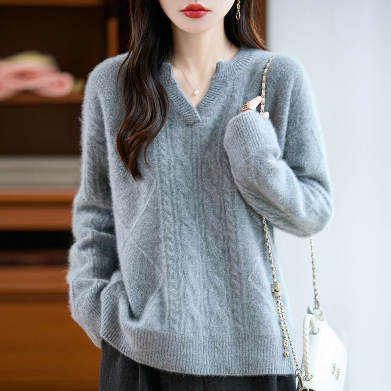Long-Sleeve V-Neck Plain Cable Knit Sweater