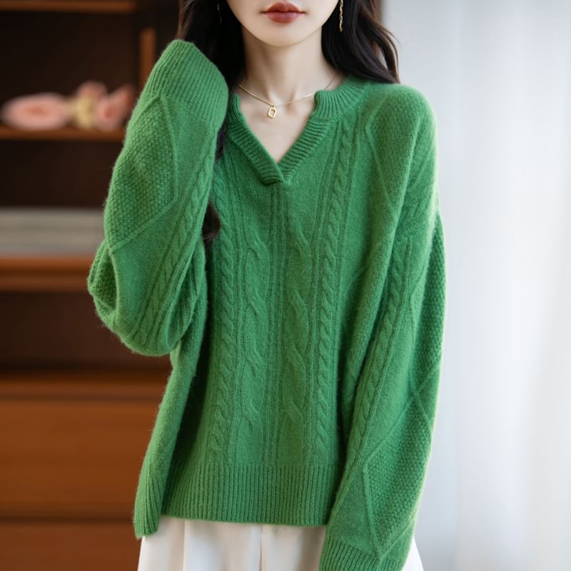 Long-Sleeve V-Neck Plain Cable Knit Sweater