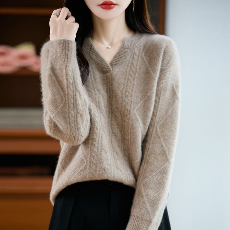 Long-Sleeve V-Neck Plain Cable Knit Sweater