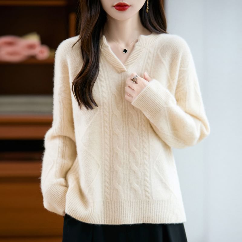 Long-Sleeve V-Neck Plain Cable Knit Sweater