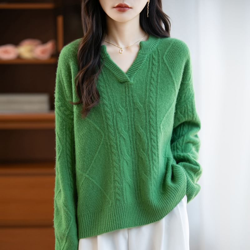 Long-Sleeve V-Neck Plain Cable Knit Sweater