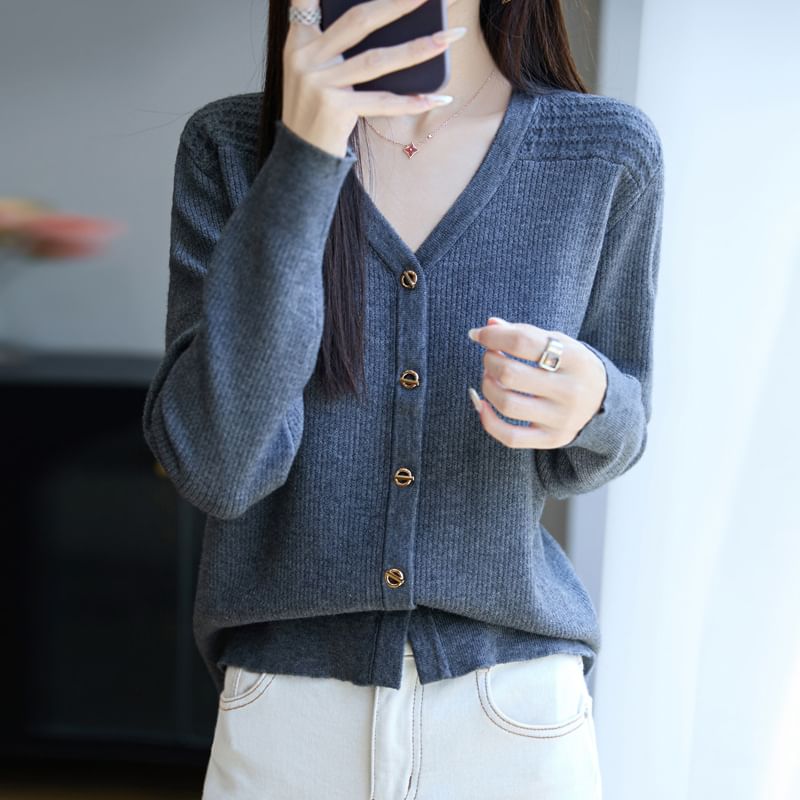 V-Neck Plain Ribbed Button-Up Cardigan
