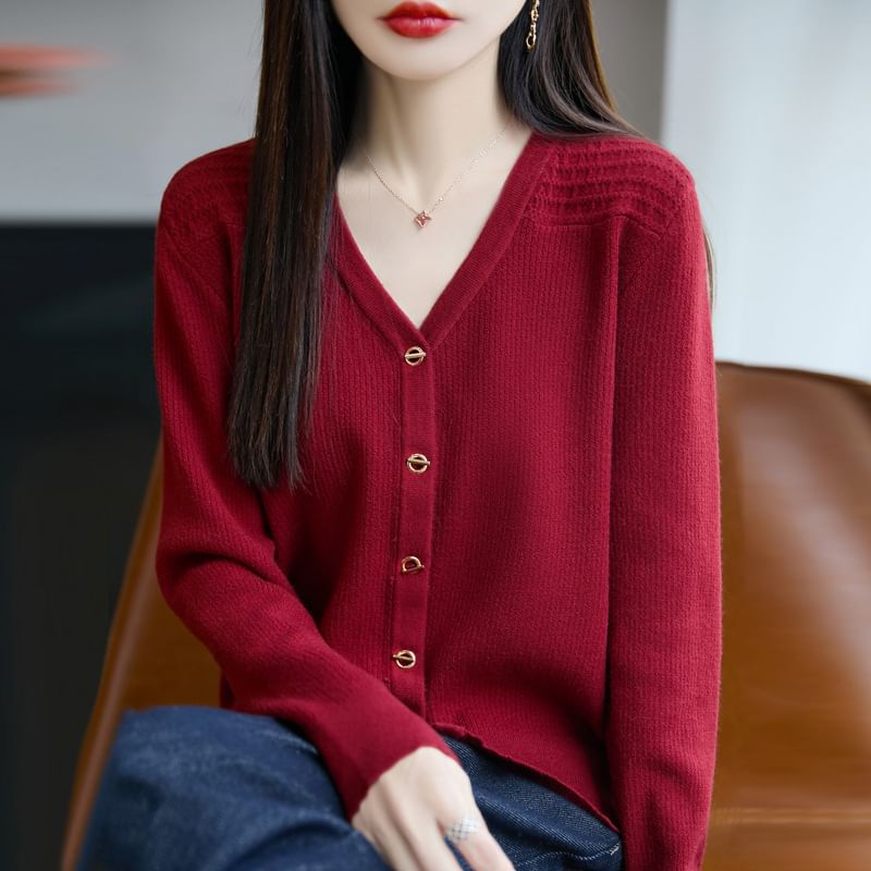 V-Neck Plain Ribbed Button-Up Cardigan