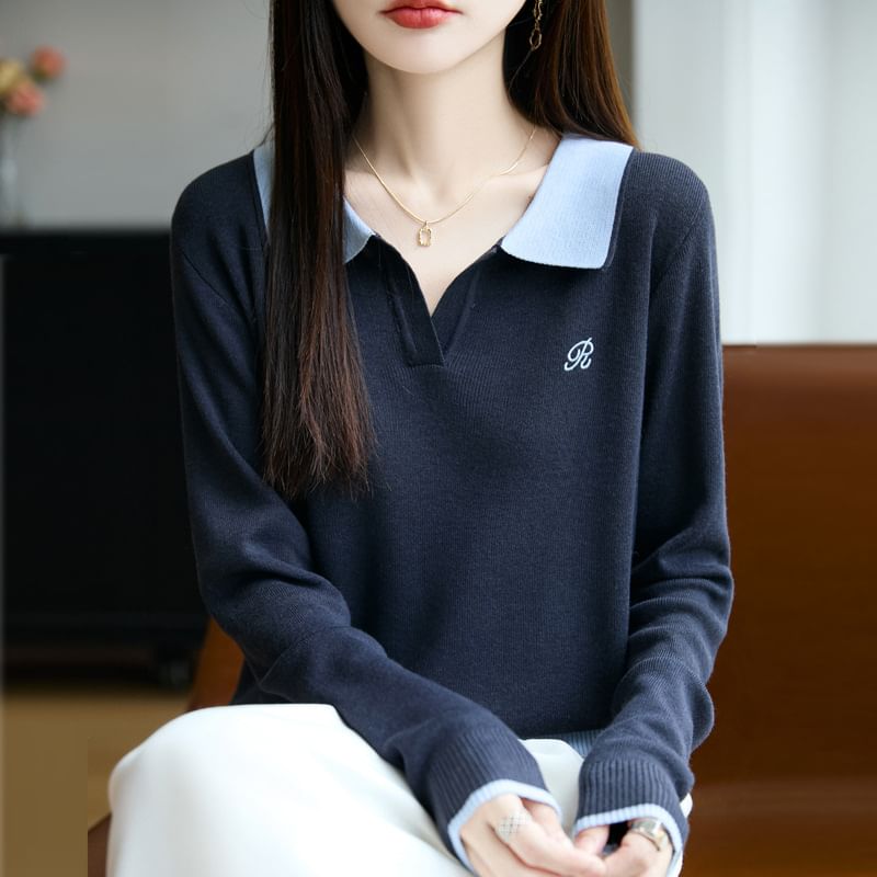 Long-Sleeve Contrast Collar Letter Embroidered Sweater