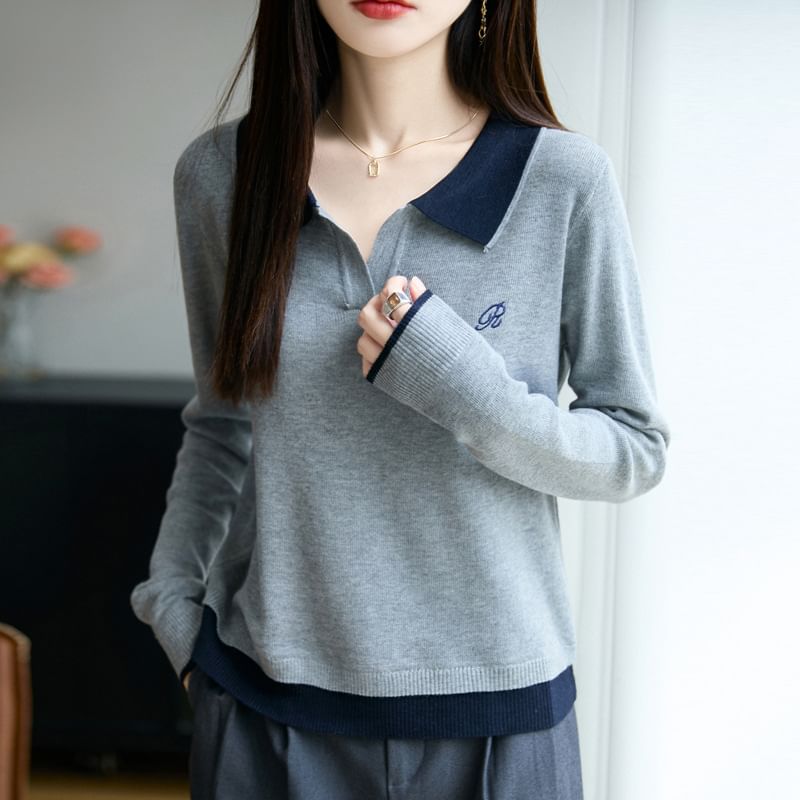 Long-Sleeve Contrast Collar Letter Embroidered Sweater