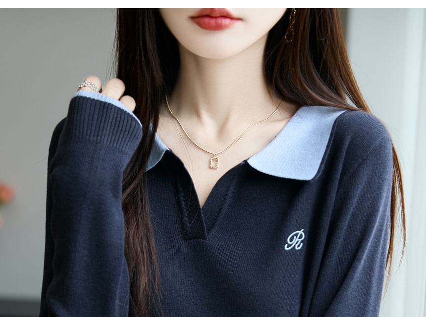Long-Sleeve Contrast Collar Letter Embroidered Sweater
