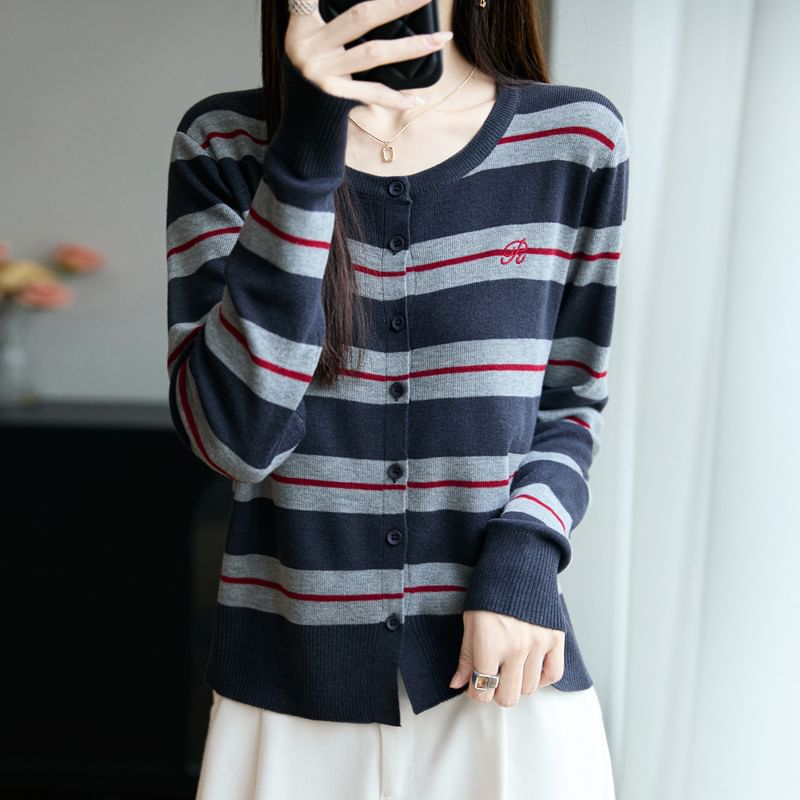 Striped Letter Embroidered Button-Up Cardigan