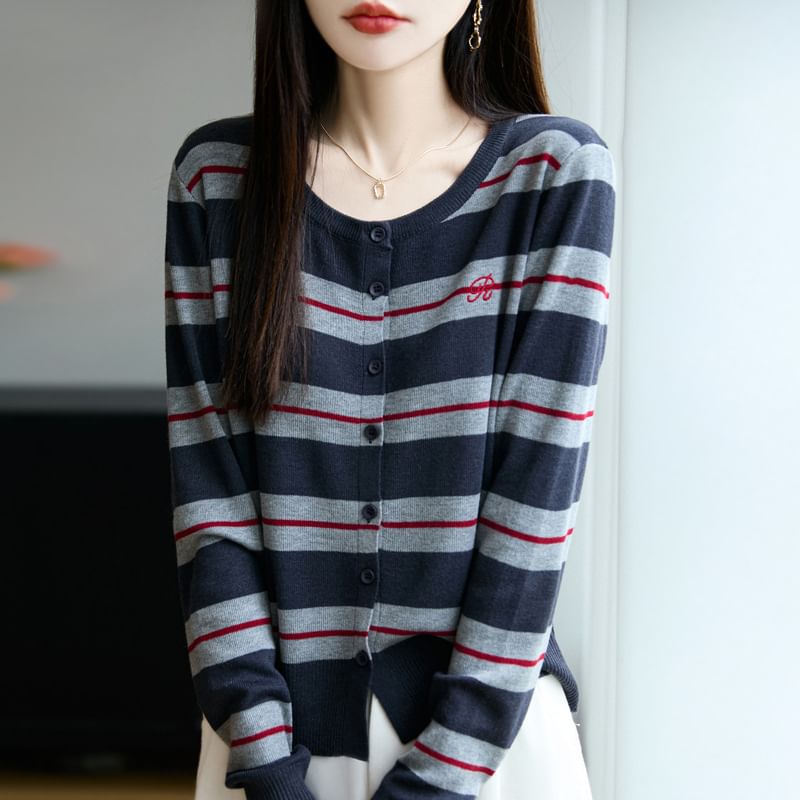 Striped Letter Embroidered Button-Up Cardigan