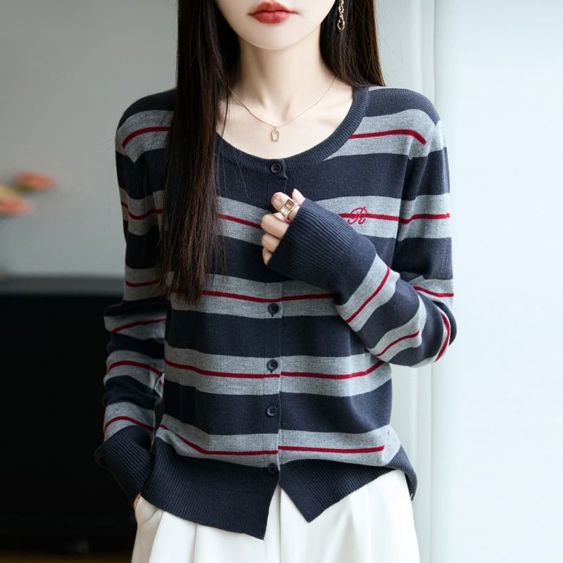 Striped Letter Embroidered Button-Up Cardigan