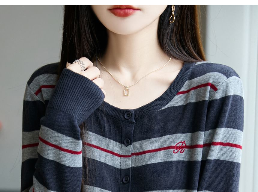 Striped Letter Embroidered Button-Up Cardigan