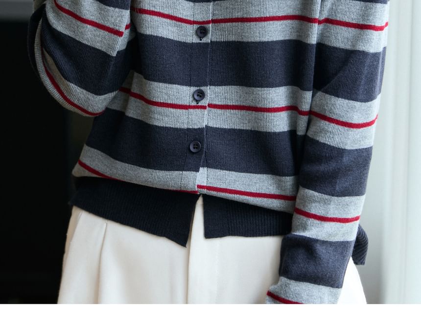 Striped Letter Embroidered Button-Up Cardigan