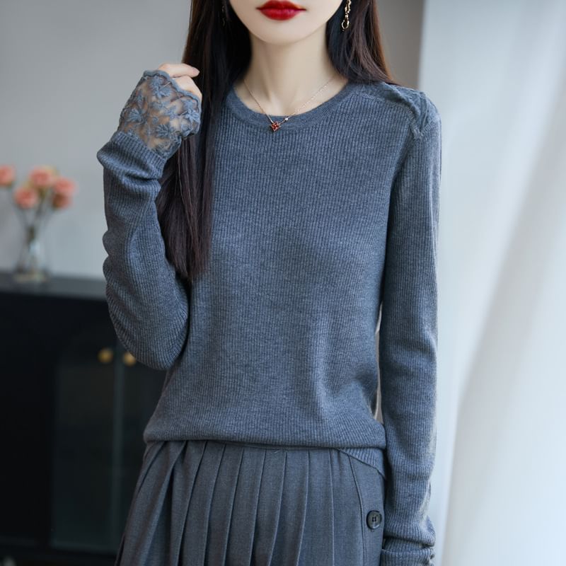 Long-Sleeve Round Neck Plain Ribbed Lace Panel Knit Top