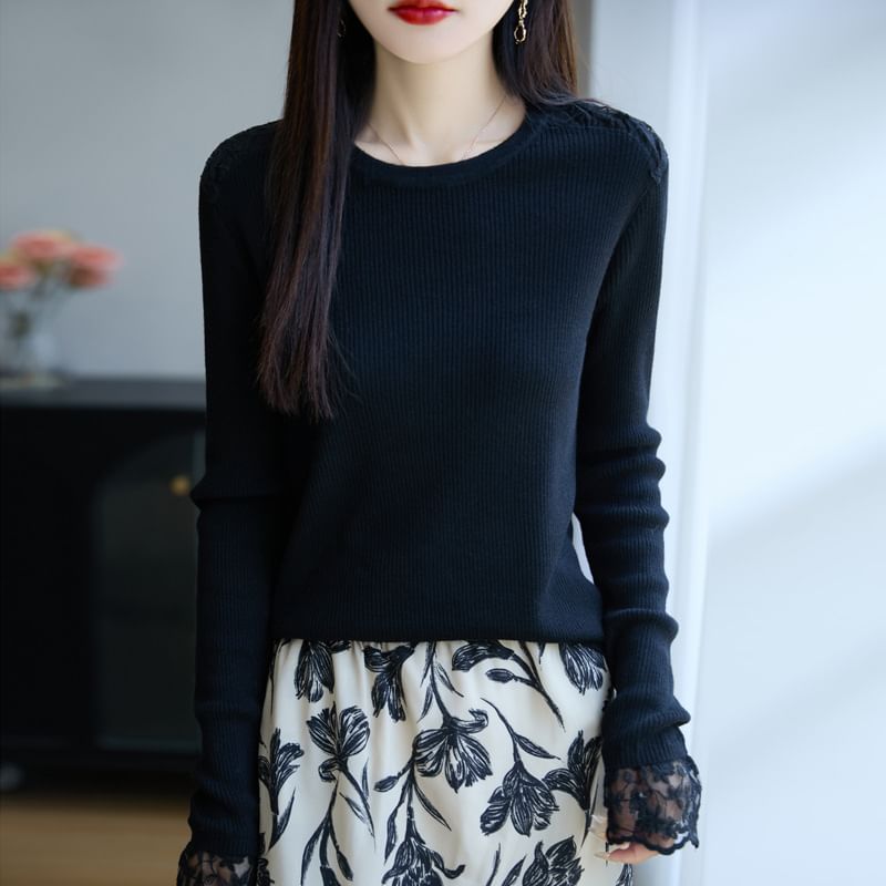 Long-Sleeve Round Neck Plain Ribbed Lace Panel Knit Top