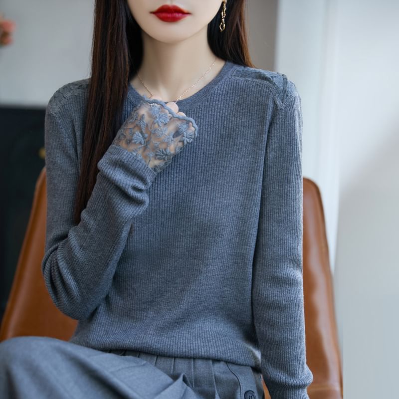 Long-Sleeve Round Neck Plain Ribbed Lace Panel Knit Top