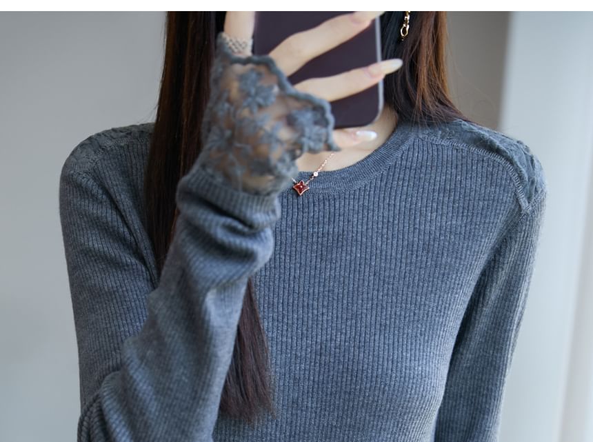 Long-Sleeve Round Neck Plain Ribbed Lace Panel Knit Top