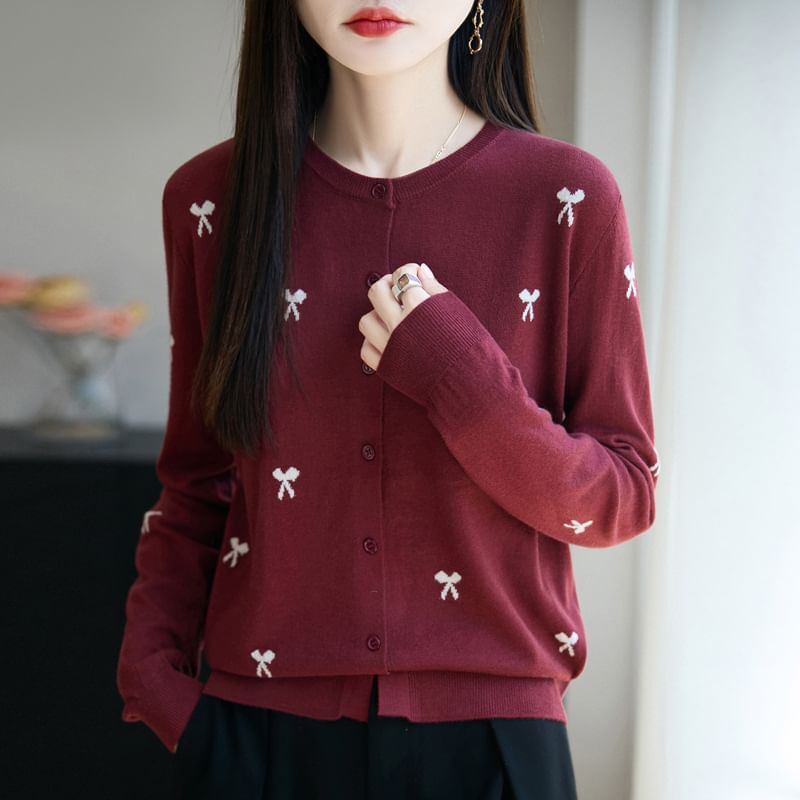 Bow Embroidered Button-Up Cardigan