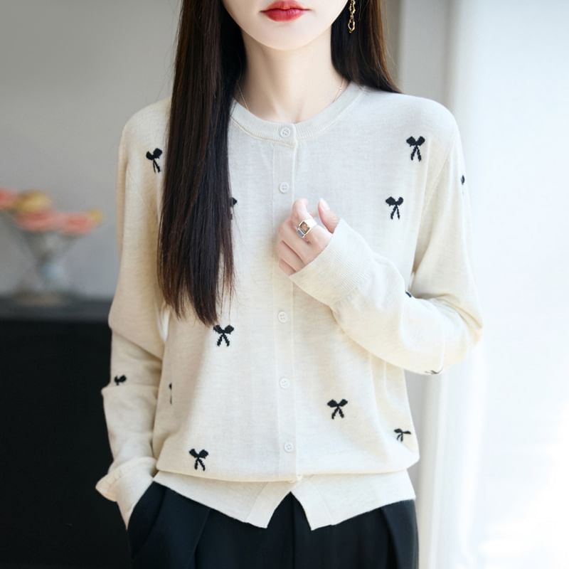 Bow Embroidered Button-Up Cardigan