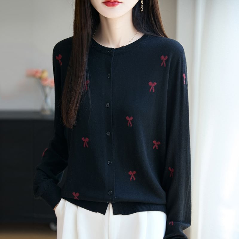 Bow Embroidered Button-Up Cardigan
