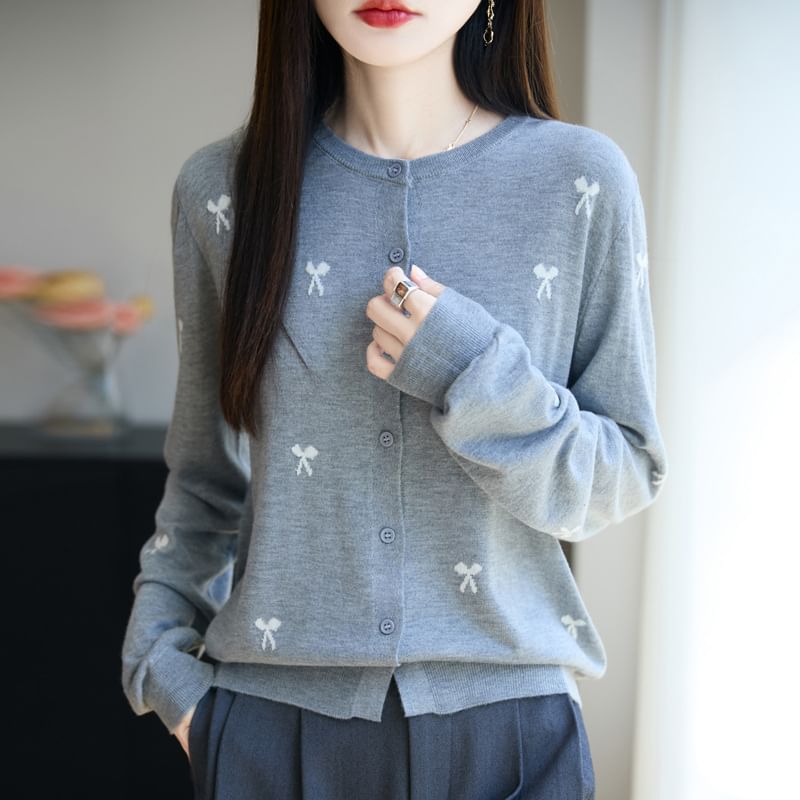 Bow Embroidered Button-Up Cardigan