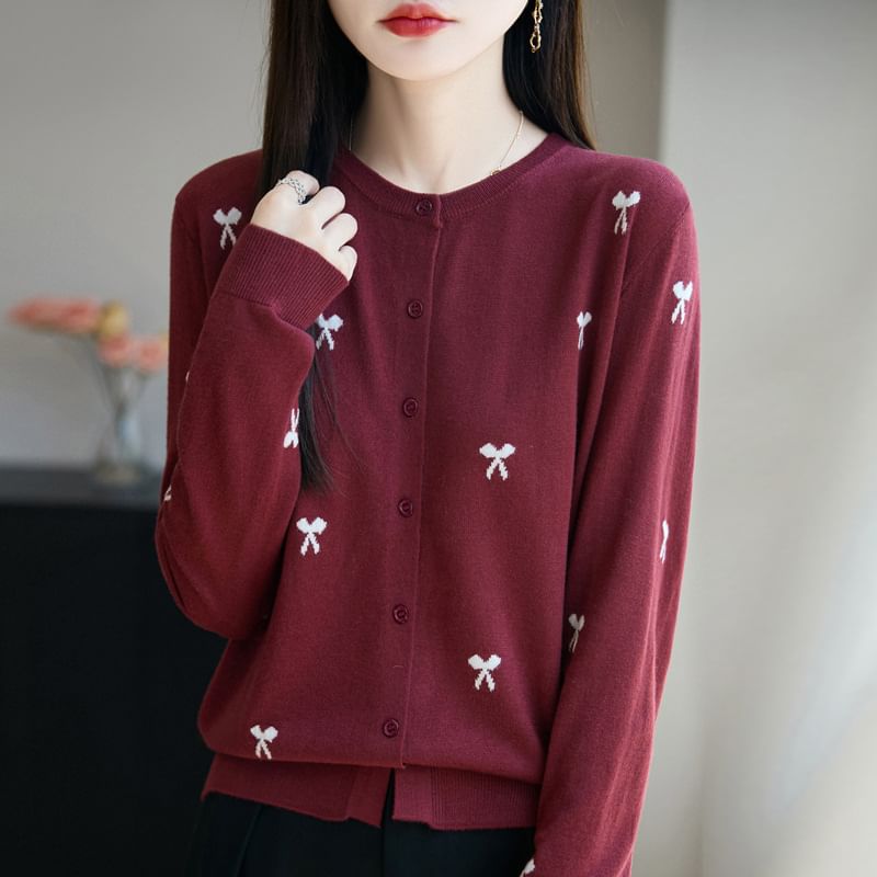 Bow Embroidered Button-Up Cardigan