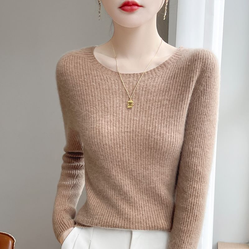 Long-Sleeve Round Neck Plain Ribbed Knit Top