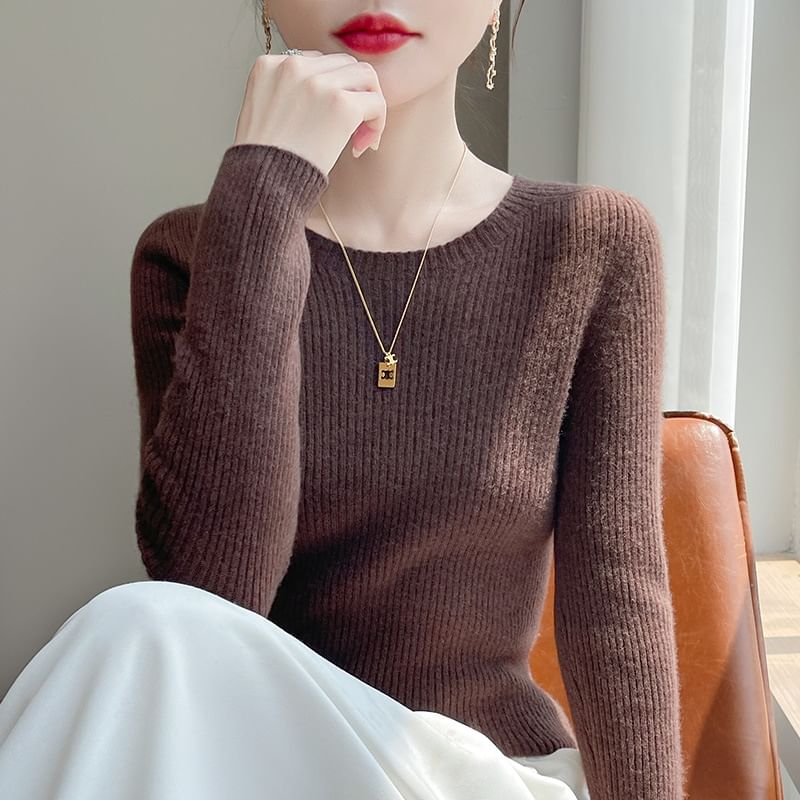 Long-Sleeve Round Neck Plain Ribbed Knit Top