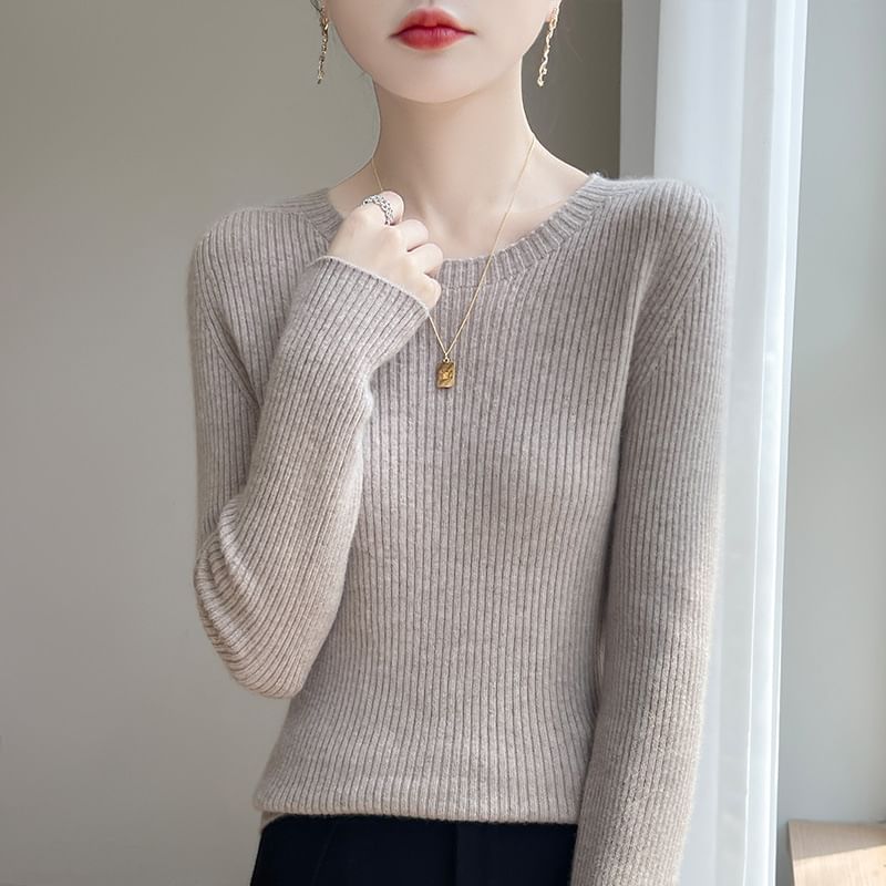Long-Sleeve Round Neck Plain Ribbed Knit Top