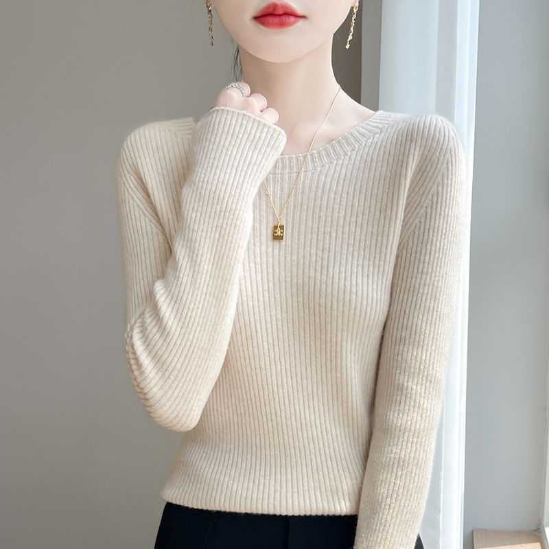 Long-Sleeve Round Neck Plain Ribbed Knit Top