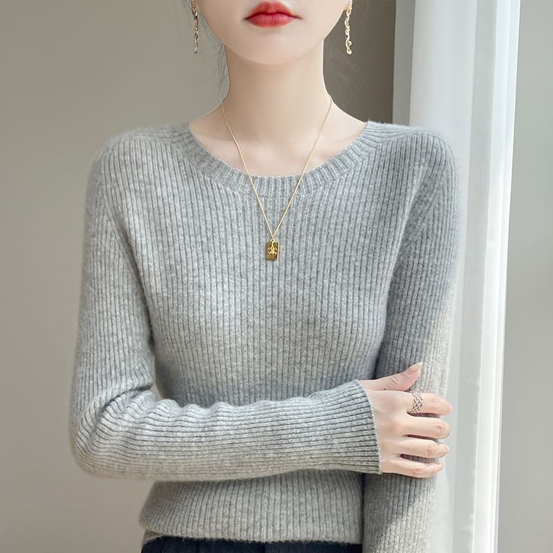Long-Sleeve Round Neck Plain Ribbed Knit Top