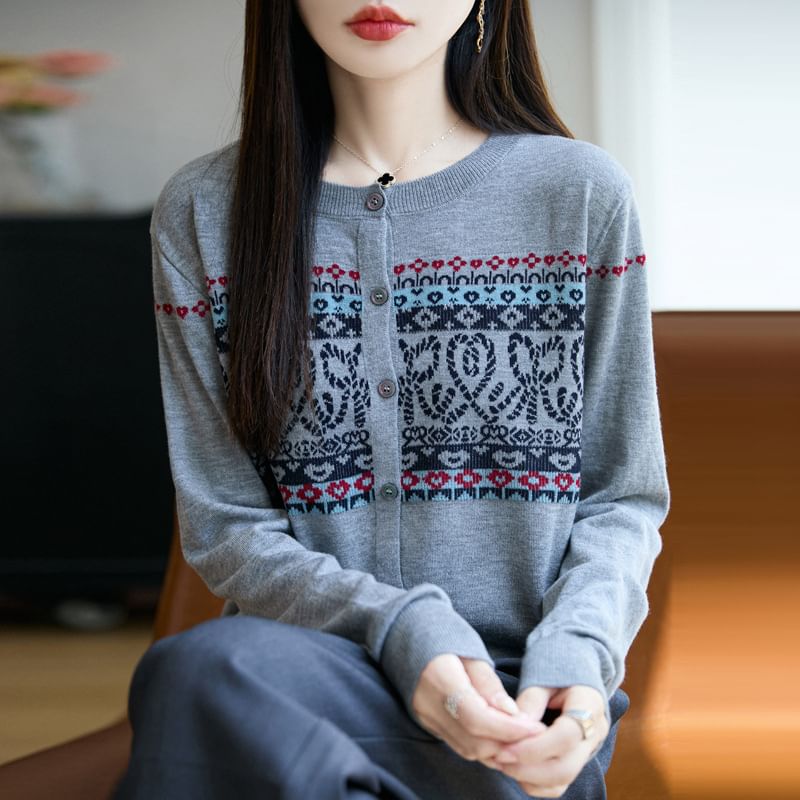 Printed Button-Up Cardigan