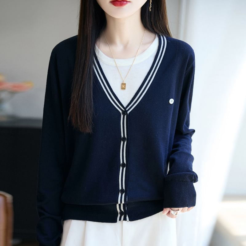 Mock Two-Piece Contrast Trim Button-Up Cardigan
