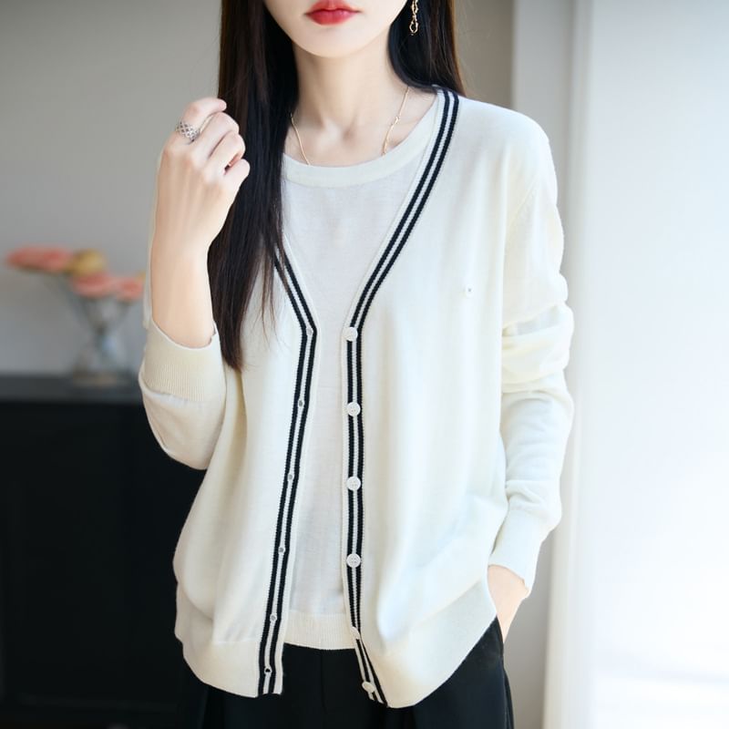 Mock Two-Piece Contrast Trim Button-Up Cardigan