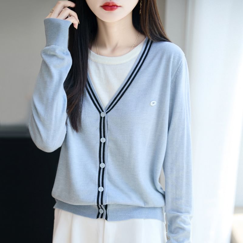 Mock Two-Piece Contrast Trim Button-Up Cardigan