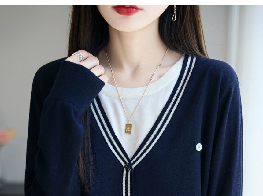 Mock Two-Piece Contrast Trim Button-Up Cardigan