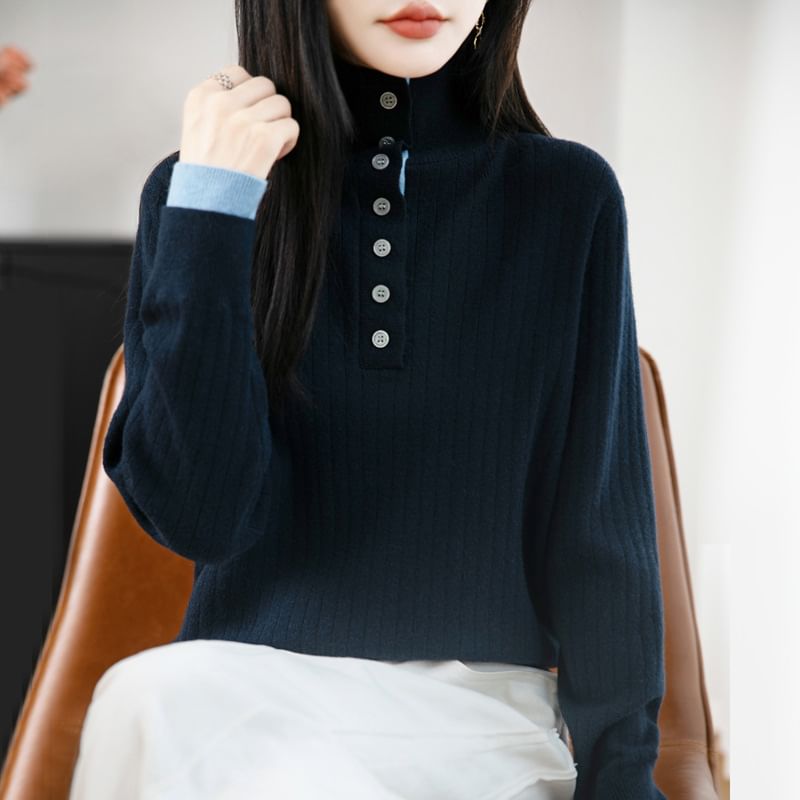 Long-Sleeve Turtleneck Henley Two Tone Ribbed Knit Top