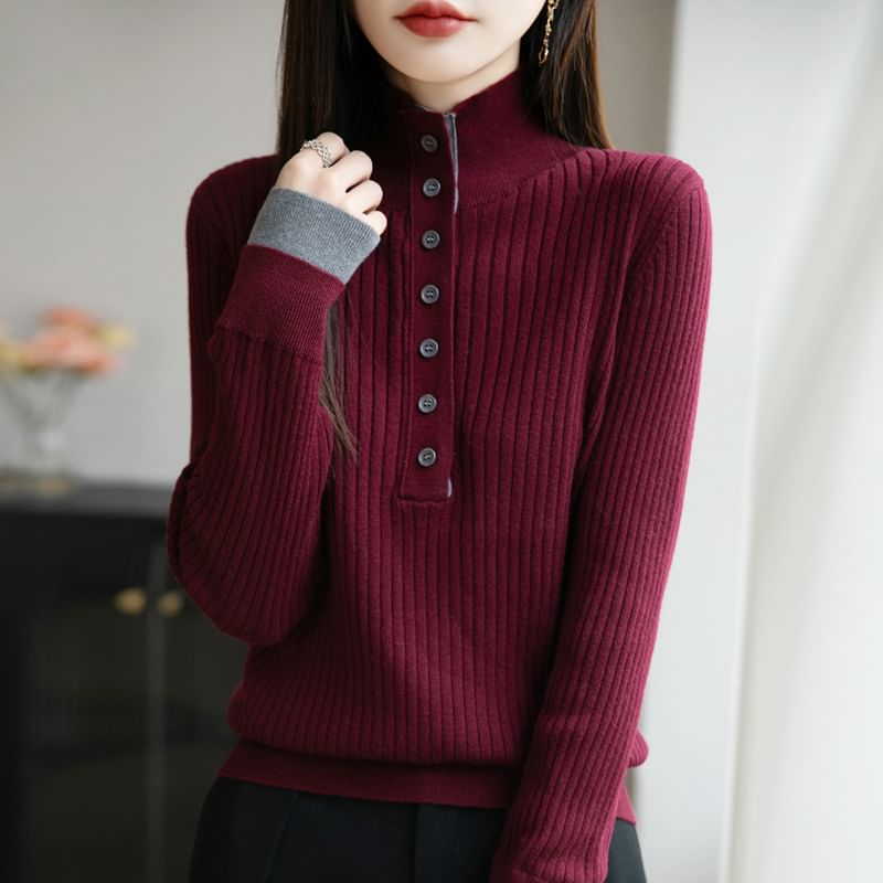 Long-Sleeve Turtleneck Henley Two Tone Ribbed Knit Top