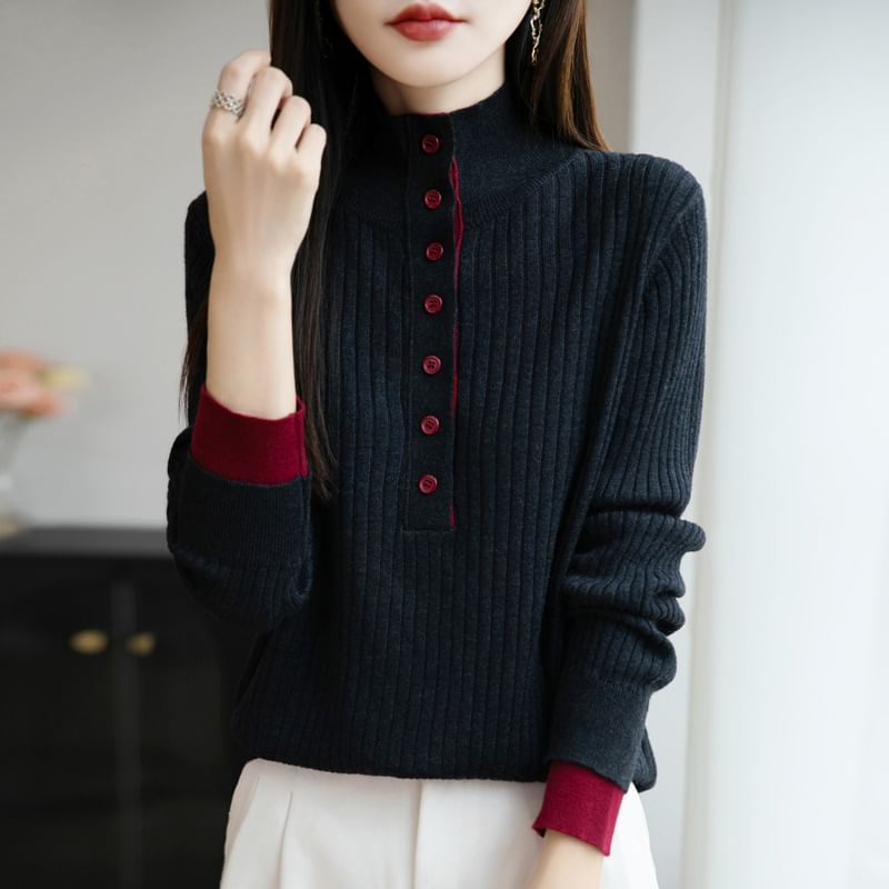 Long-Sleeve Turtleneck Henley Two Tone Ribbed Knit Top