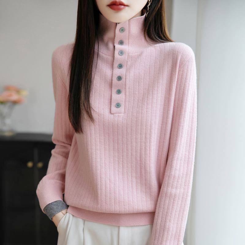 Long-Sleeve Turtleneck Henley Two Tone Ribbed Knit Top
