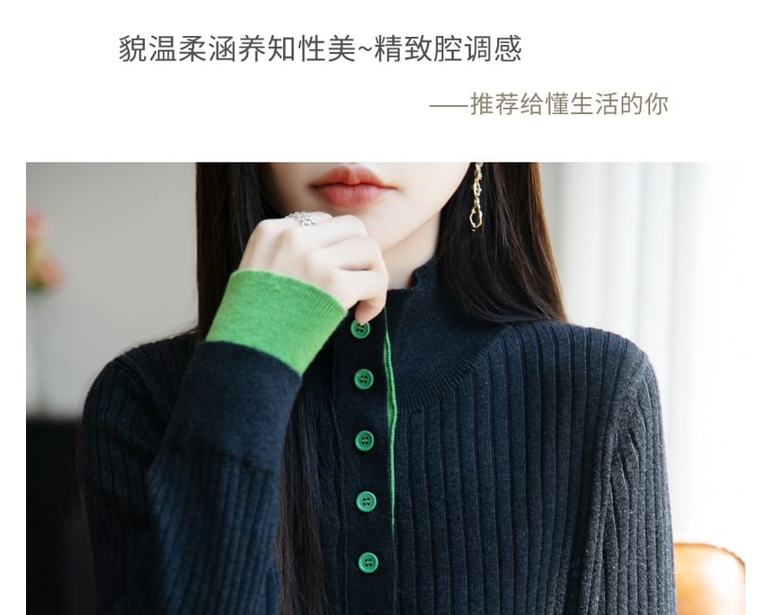 Long-Sleeve Turtleneck Henley Two Tone Ribbed Knit Top