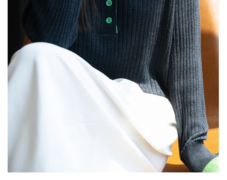 Long-Sleeve Turtleneck Henley Two Tone Ribbed Knit Top