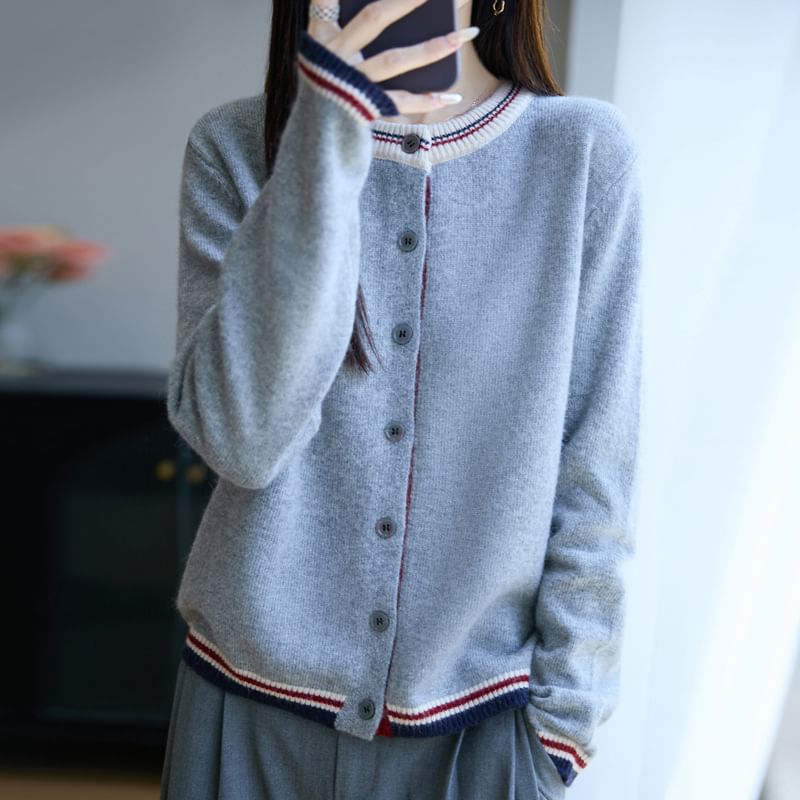 Round Neck Contrast Trim Cardigan