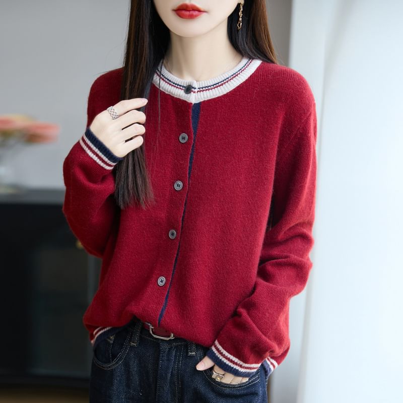 Round Neck Contrast Trim Cardigan