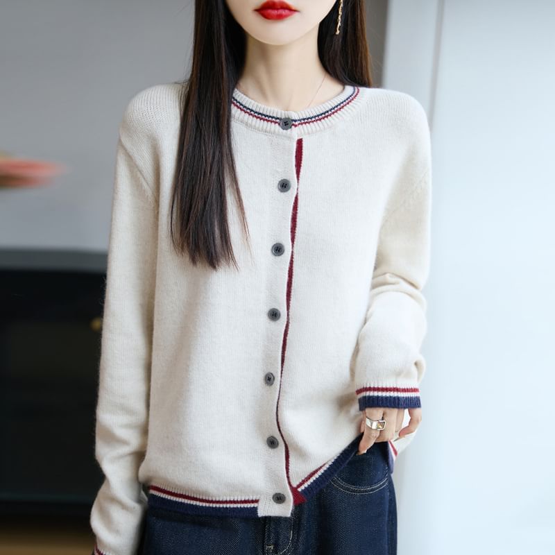 Round Neck Contrast Trim Cardigan